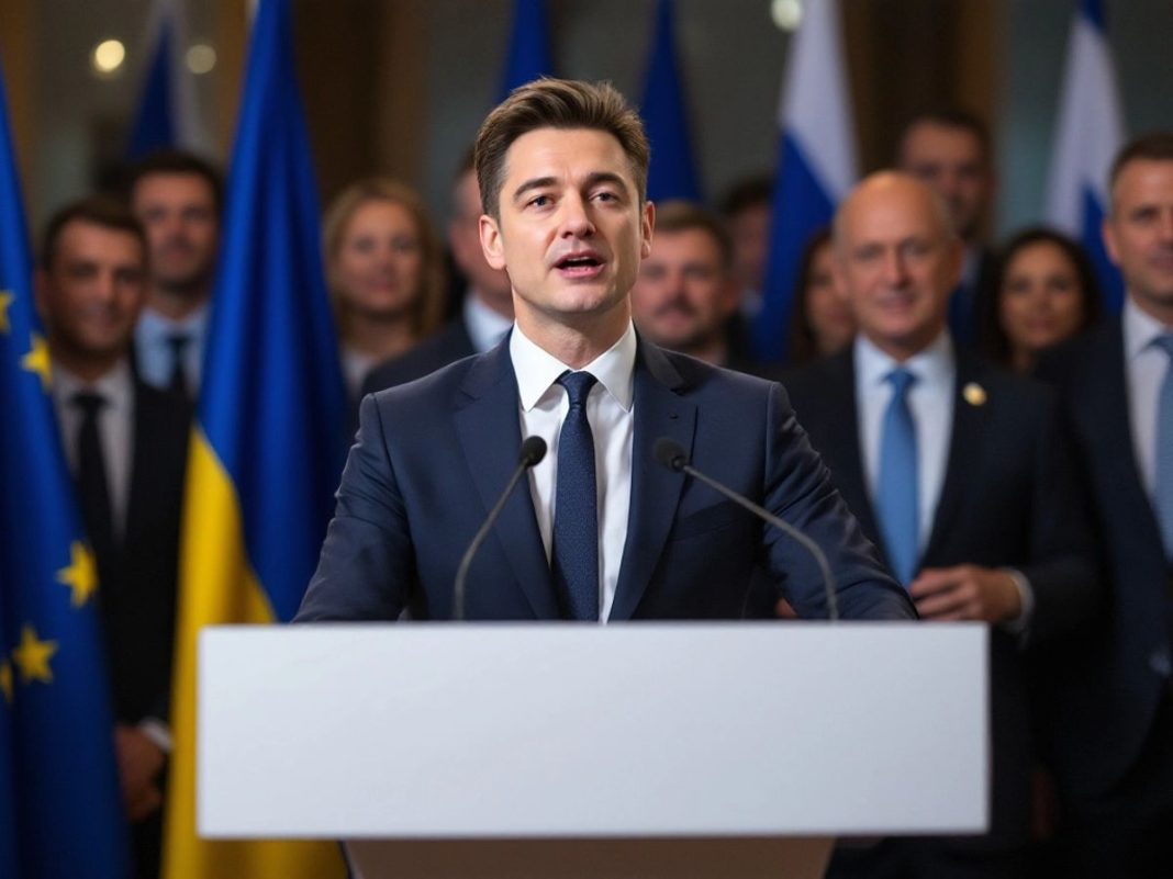 Zelenskyy speaking at a podium with European flags.