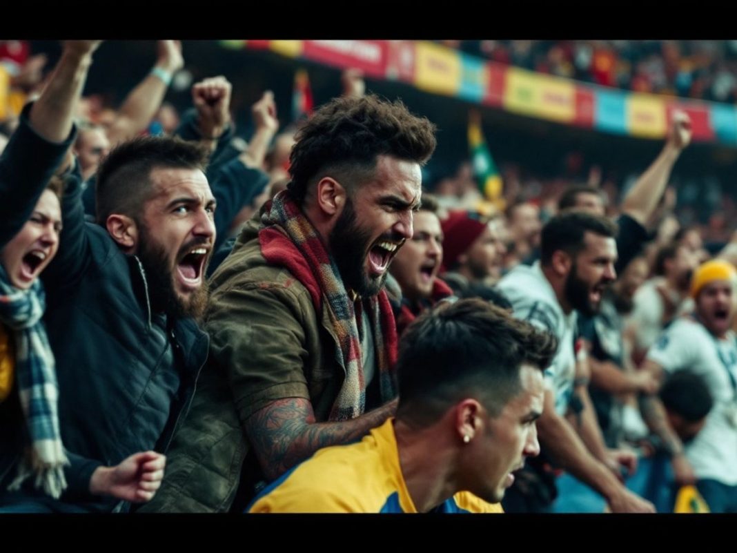 Fans reacting during a tense football match.