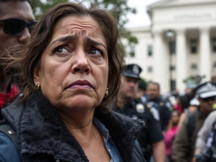 Worried woman outside government building amid crowd.