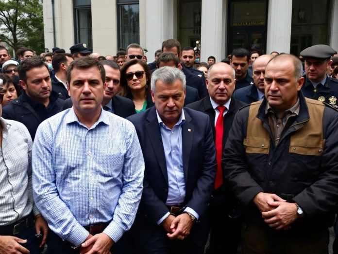 Arrested political leaders surrounded by police outside a building.