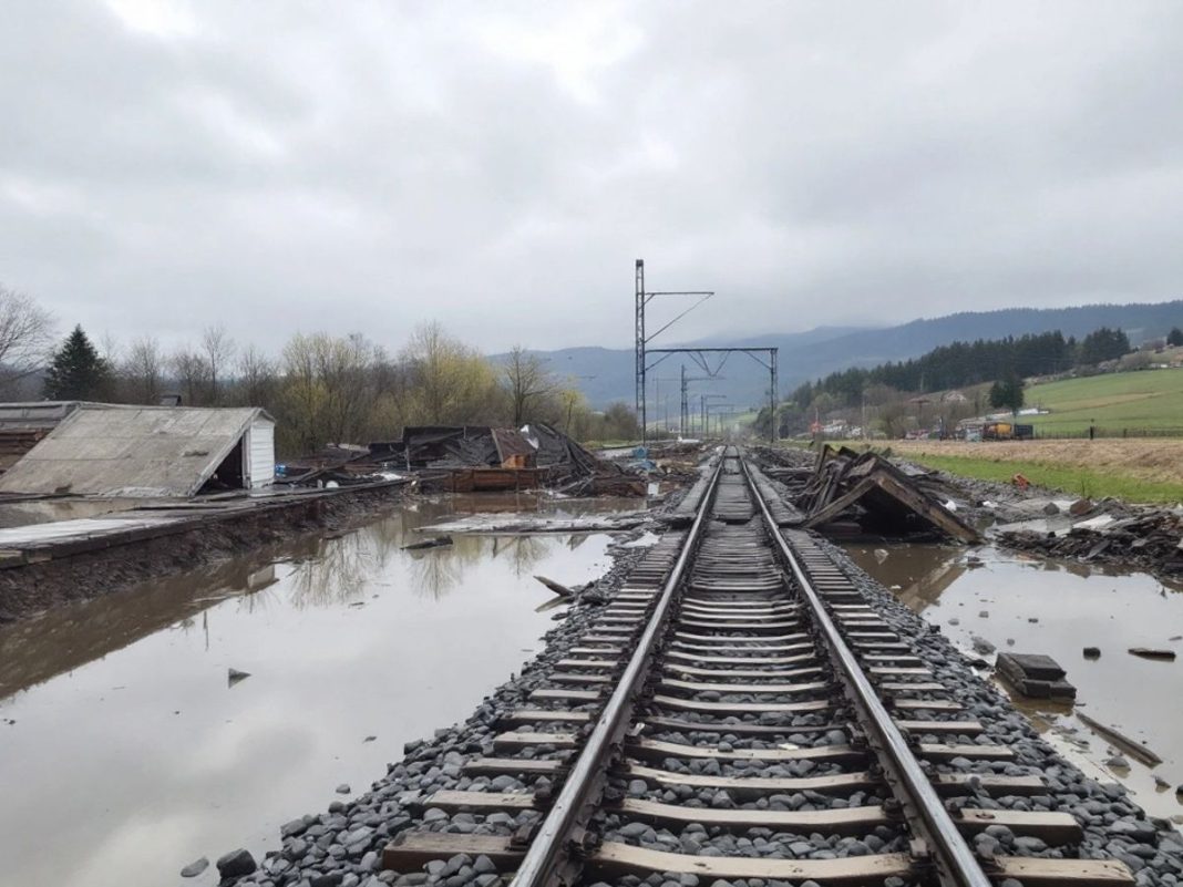 Flooded railway track in Bosnia after severe weather.