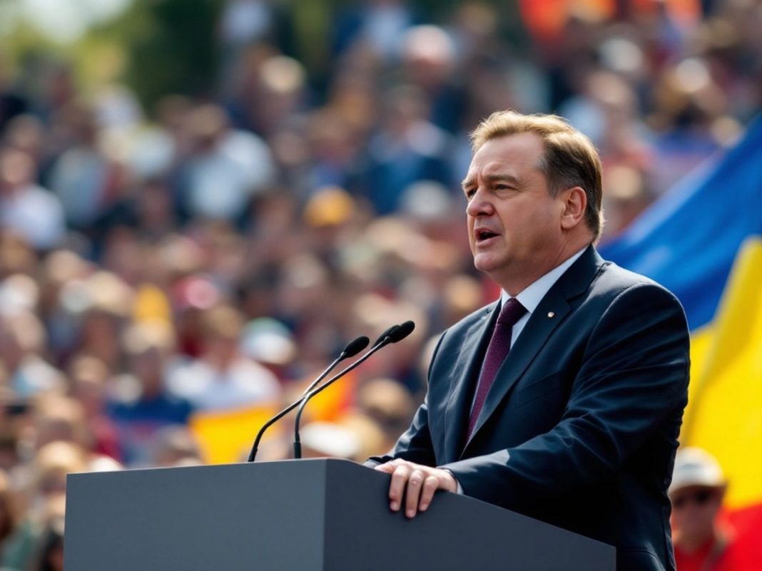 Nicolae Ciucă speaking at a political rally.