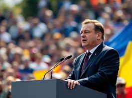 Nicolae Ciucă speaking at a political rally.