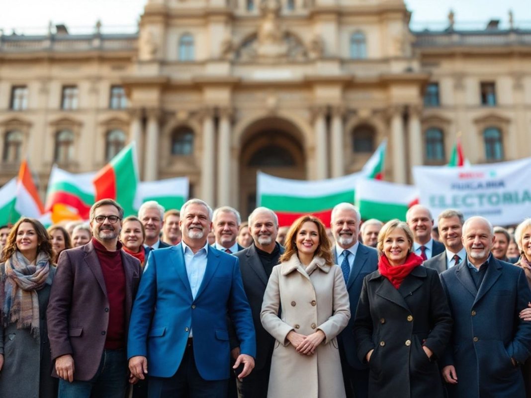 Diverse political candidates in front of a historic building.