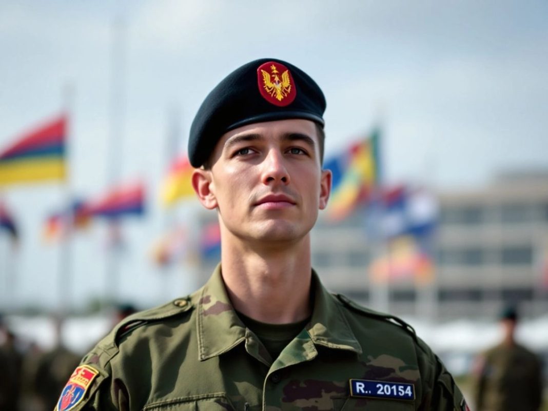 Soldier in uniform at a military base with flags.