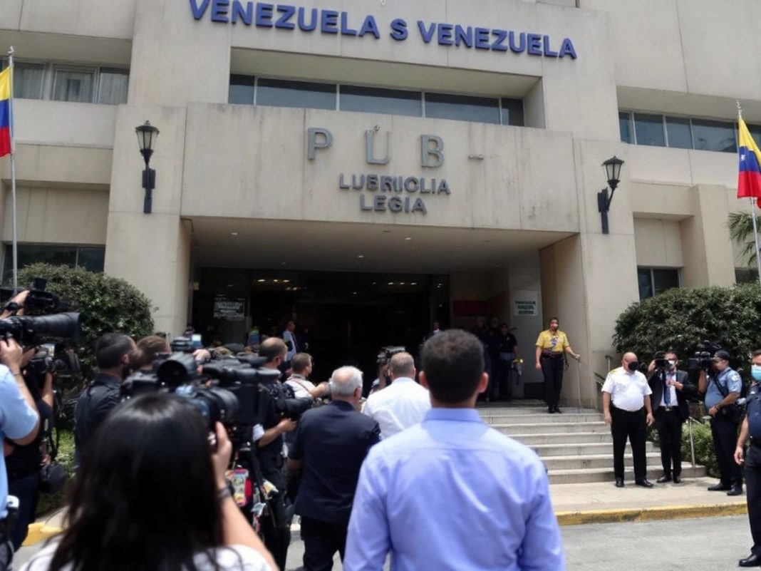 Venezuelan media tycoon at courthouse with flags and security.