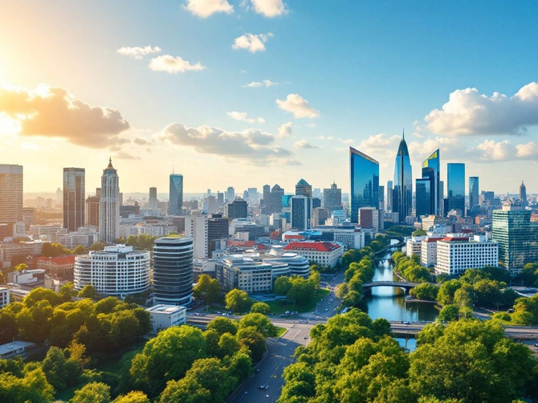 Belgrade skyline with modern buildings and greenery.