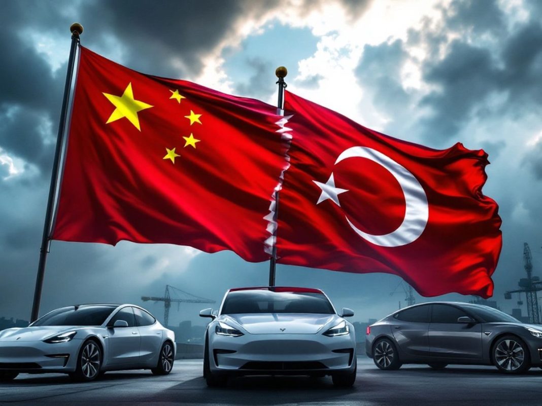 Chinese and Turkish flags with electric vehicles in background.