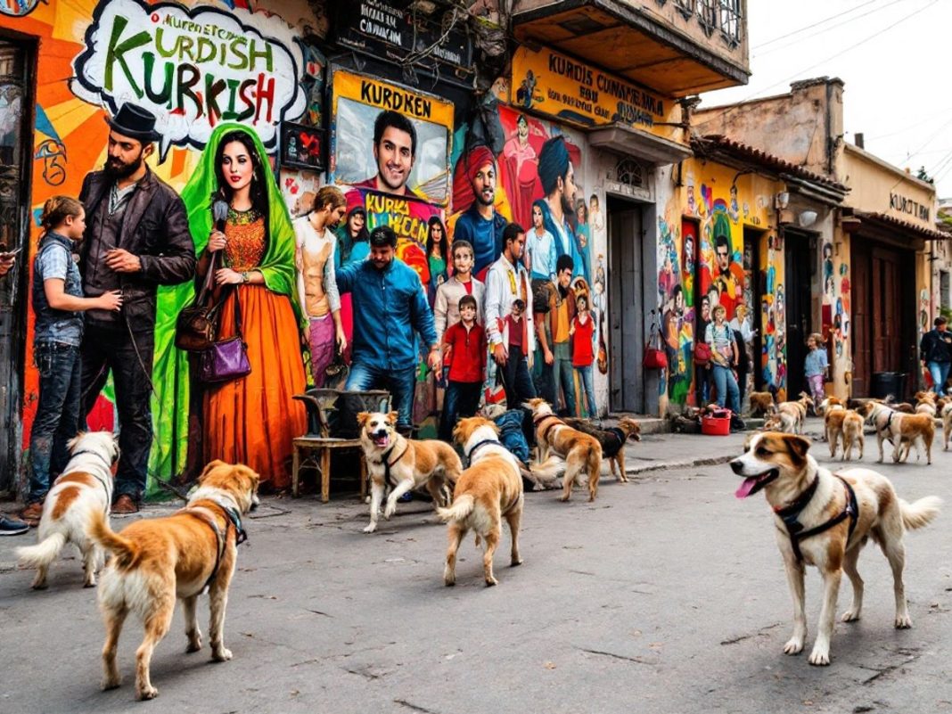 Stray dogs in a colorful Turkish street scene.