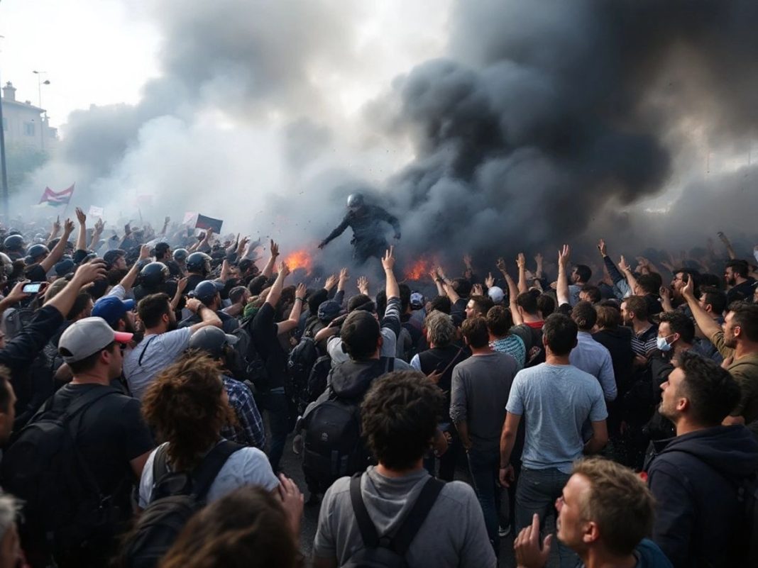 Protesters and police clashing during an anti-government rally.