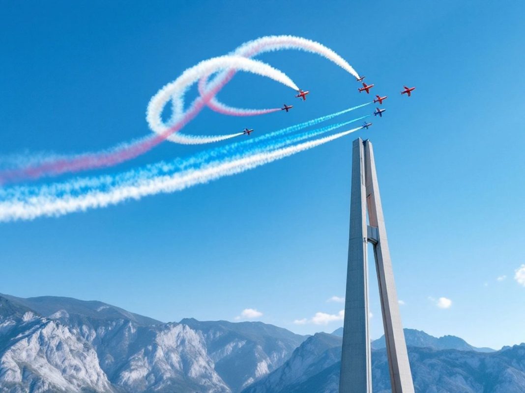 Acrobatic planes flying under a tall bridge in Montenegro.