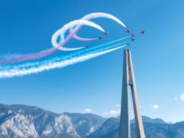 Acrobatic planes flying under a tall bridge in Montenegro.