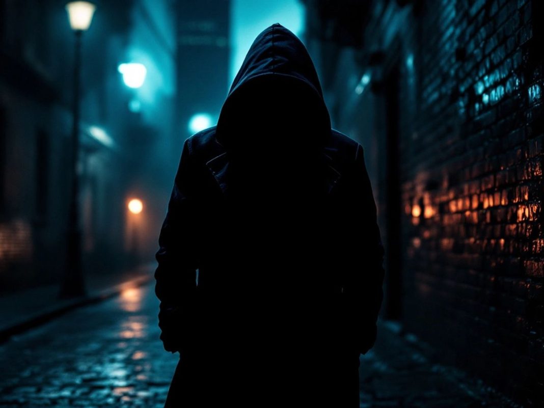 Shadowy figure in dark alley with city skyline.