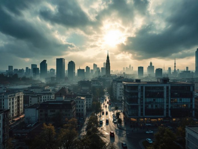 City skyline illustrating economic challenges in Slovenia and Germany.