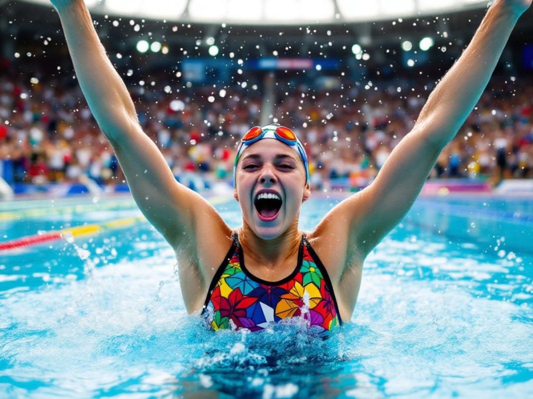 Young Croatian swimmer celebrates record-breaking victory.