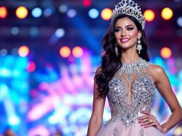 Miss Turkey contestant in elegant gown on stage.