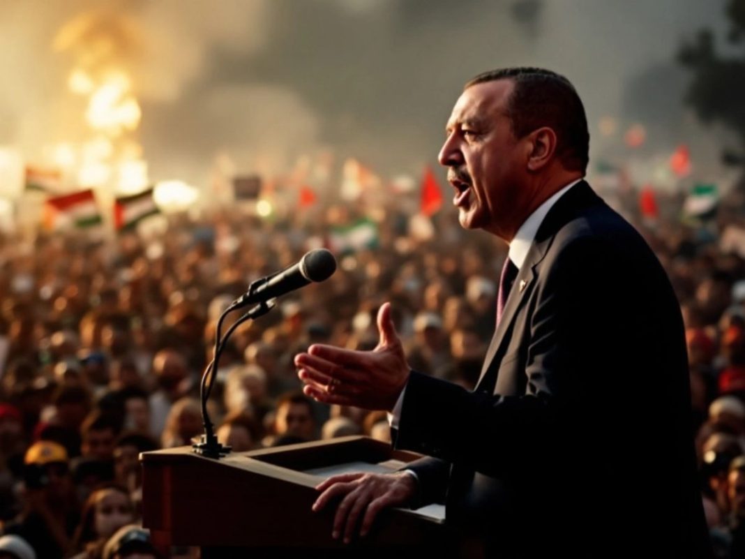 Erdogan speaking at a podium with a crowd behind.