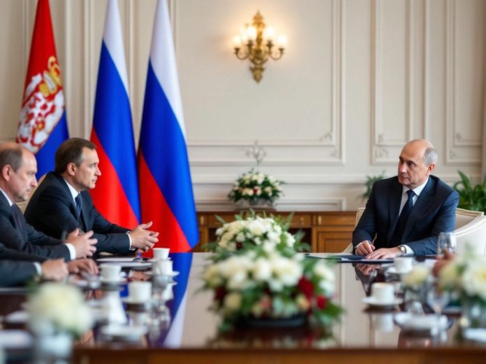 Serbia and Russia flags in a formal meeting setting.