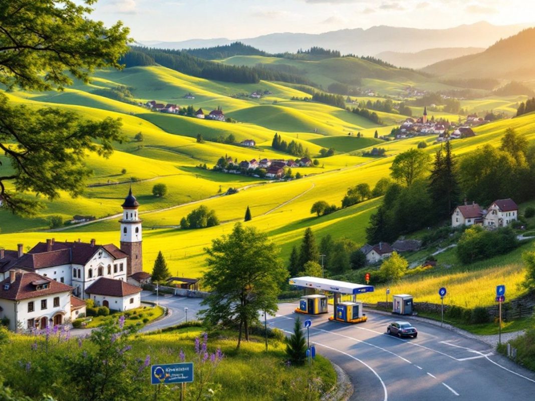 Romanian landscape with hills and border checkpoint.