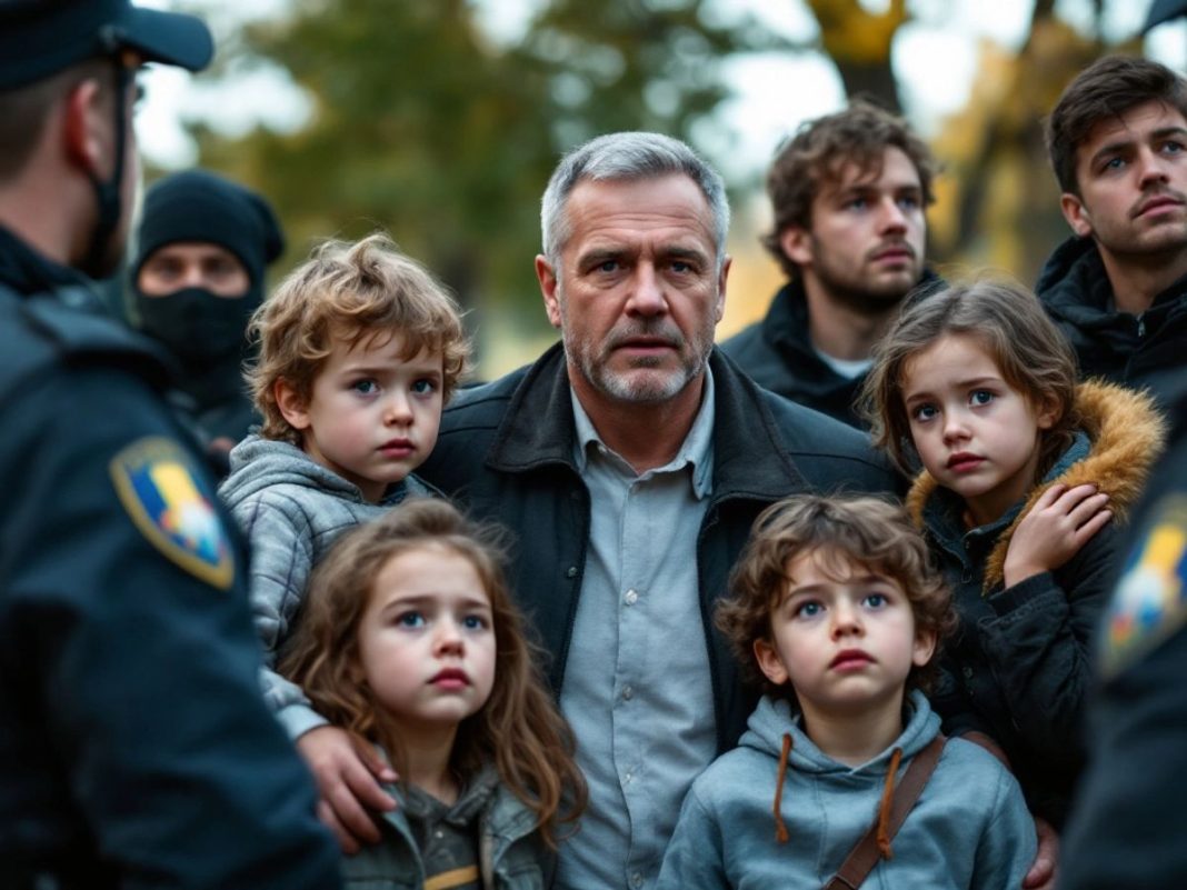 Romanian children and father with police officers outdoors.