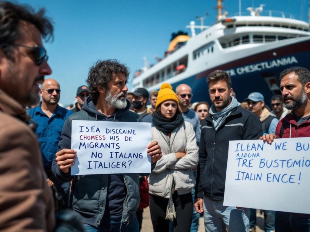 Albanian activists gather at port as migrants arrive.