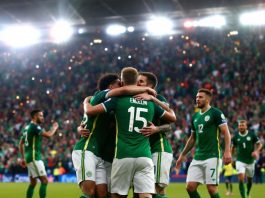 Northern Ireland players celebrate equalizer against Croatia in Euro 2025.