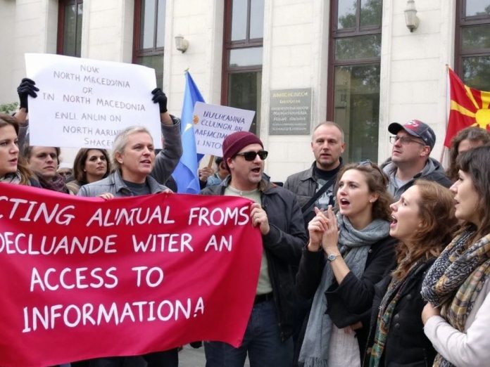 Citizens protesting outside a government building in North Macedonia.