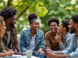 Diverse youth engaged in discussions against online racism.