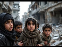 Palestinian children in a war-torn environment, looking distressed.