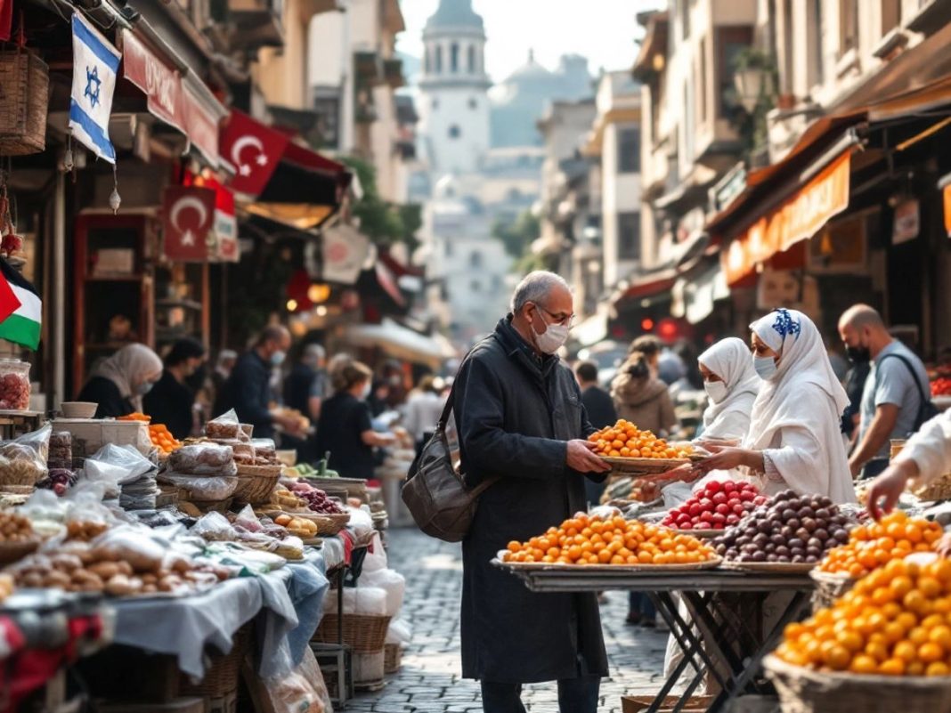 Market scene depicting trade between Turkey, Israel, and Palestine.