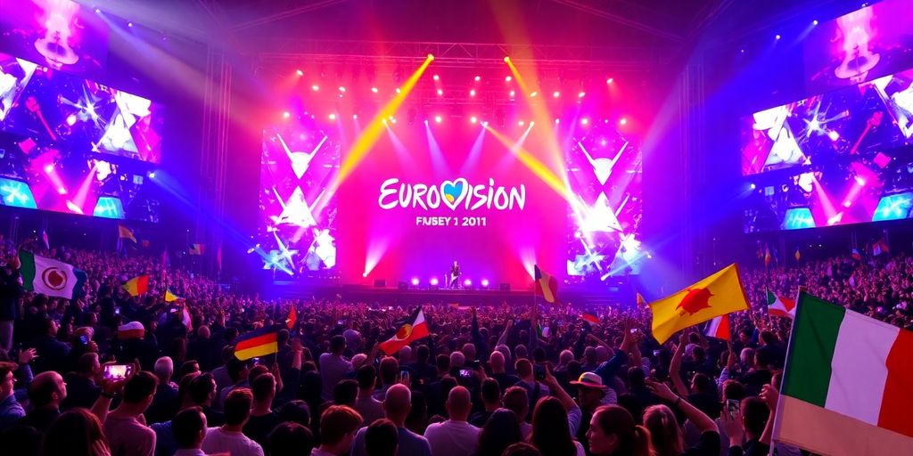 Colorful Eurovision stage with enthusiastic fans and flags.