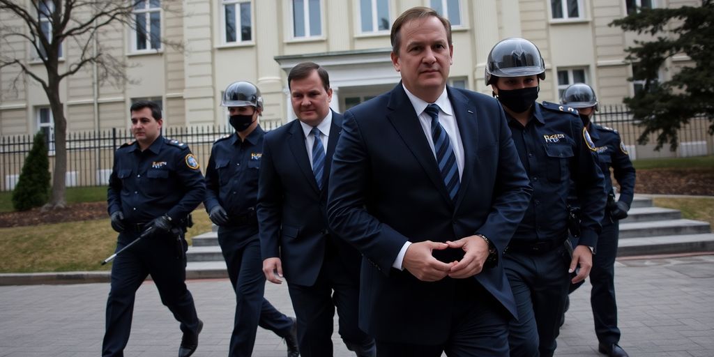 Police arresting former ministers outside a government building.