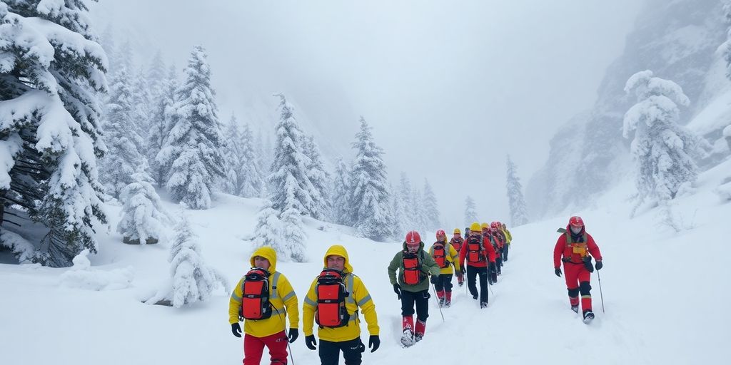 Rescue team struggling in heavy snowstorm in mountains.