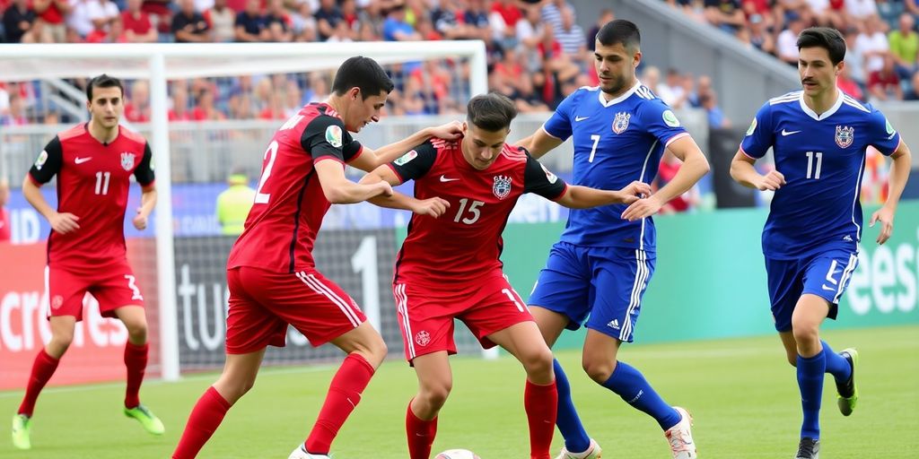 Albania U-19 soccer players battling Belarus on the field.