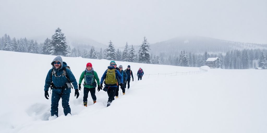 Balkan adventurers caught in a heavy snowstorm.