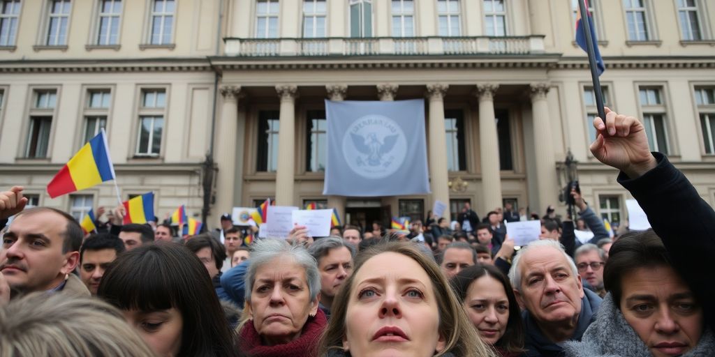 Crowd outside Romanian government building during election cancellation.