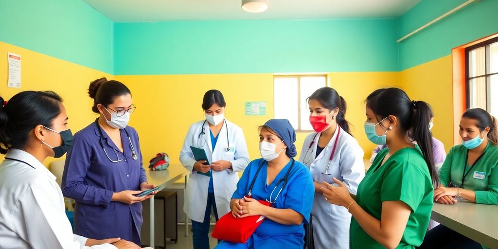 Healthcare workers assisting patients in an Albanian clinic.