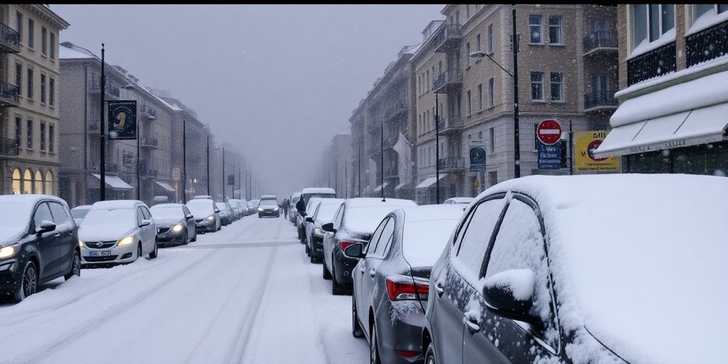 Balkan city street covered in heavy snow during blizzard.