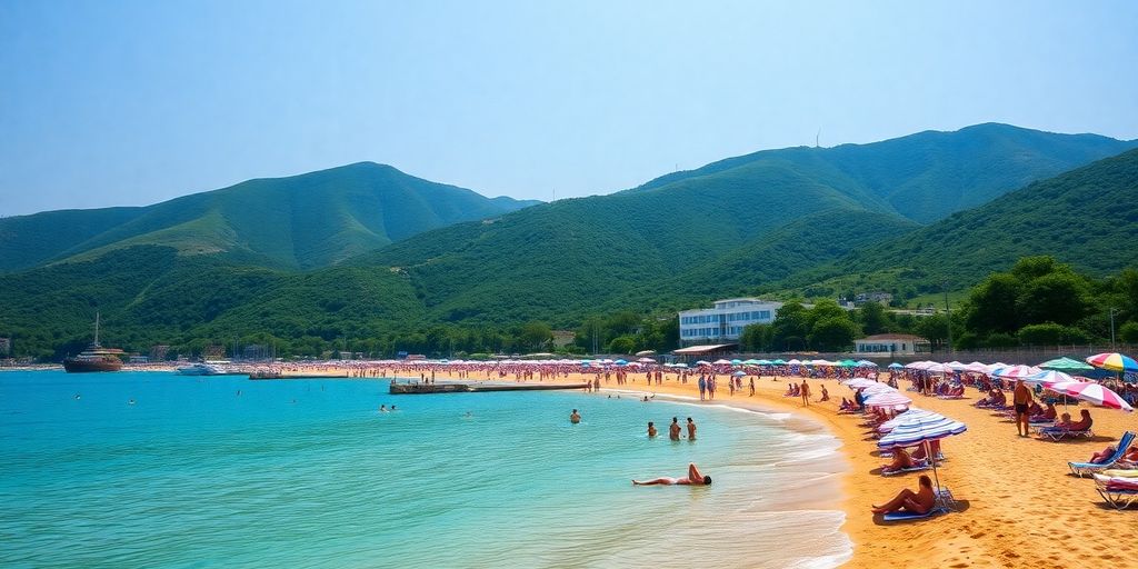 Sunny Bulgarian beach with tourists enjoying summer vibes.