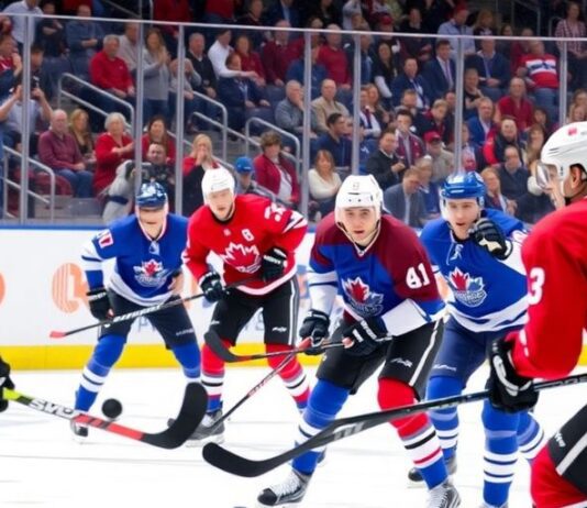 Canadian ice hockey team triumphs over Slovenia in action.