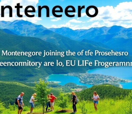 People planting trees in Montenegro's lush green landscape.