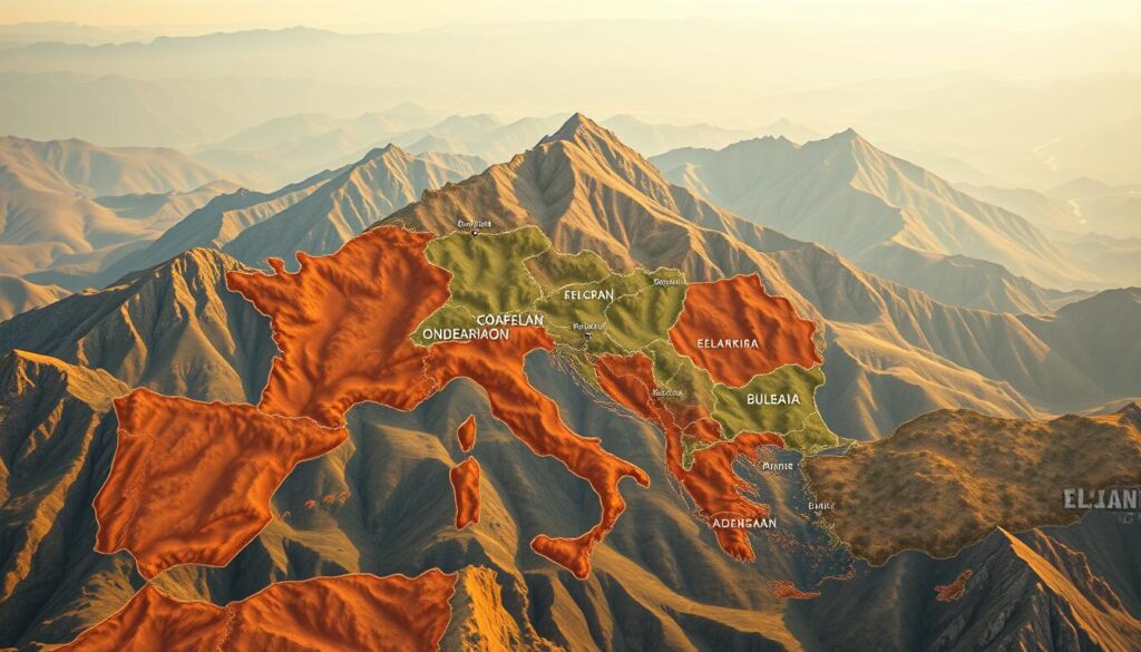 A detailed, highly realistic Balkan political map set against a backdrop of rugged mountains, rolling hills, and winding rivers. The foreground depicts the distinct political boundaries of the Balkan nations, each country rendered with precise geographic detail and vibrant, contrasting colors. In the middle ground, major cities and key political centers are marked with subtle labels, while the background features a muted, atmospheric landscape bathed in warm, golden-hour lighting. The overall composition conveys a sense of geopolitical complexity and the interplay of cultures that define the modern Balkans.