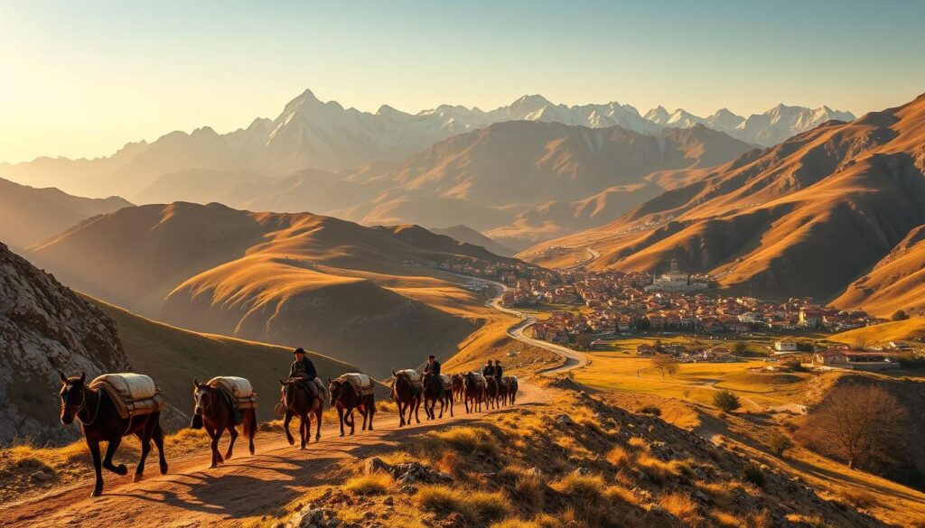 A panoramic view of ancient Balkan trade routes, winding through rugged mountain passes and rolling hills. In the foreground, caravans of pack animals laden with goods traverse a dusty trail, their drivers garbed in traditional Balkan attire. Towering peaks loom in the middle distance, their snow-capped summits reflecting the warm glow of the afternoon sun. In the background, a network of well-traveled paths snake between small villages, their tiled roofs and church spires visible in the distance. The scene is bathed in a warm, golden light, conveying a sense of timeless commerce and cultural exchange that has defined the Balkans for centuries.