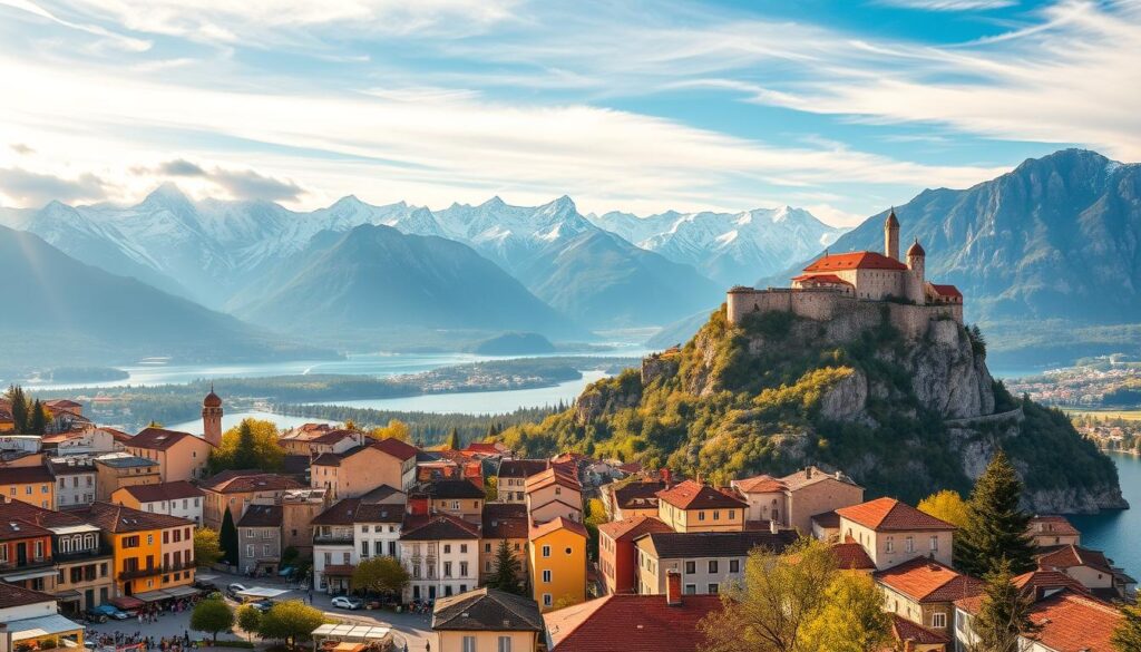 A panoramic view of the Balkan Peninsula, showcasing its diverse travel destinations. In the foreground, a bustling Mediterranean port town with colorful buildings, narrow winding streets, and lively outdoor cafes. In the middle ground, majestic snow-capped mountains rise up, their peaks shrouded in wispy clouds. In the background, a picturesque medieval castle perched atop a rugged cliff, overlooking a tranquil lake surrounded by verdant forests. Warm, golden sunlight filters through, casting a soft, romantic glow over the entire scene. The composition captures the rich history, cultural heritage, and breathtaking natural beauty that make the Balkans a captivating travel destination.
