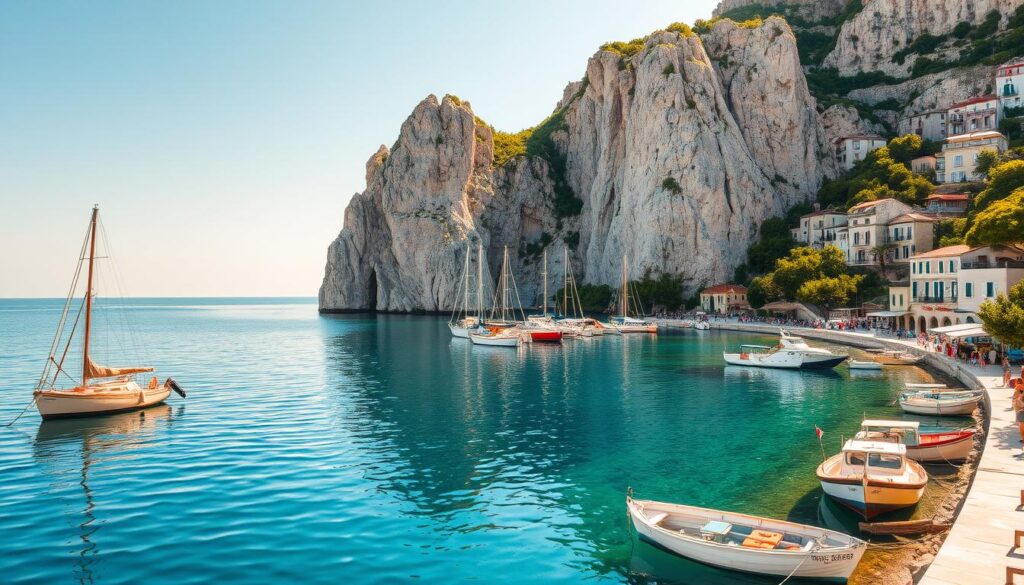 Adriatic coast tourism: Tranquil azure waters caress the sun-kissed shores, as charming coastal towns dot the landscape. Weathered fishing boats bob gently in the calm harbors, their masts mirrored in the glassy surface. Towering limestone cliffs frame the scene, their jagged edges softened by lush Mediterranean vegetation. A warm, golden light bathes the picturesque promenades, where locals and visitors stroll leisurely, pausing to savor local delicacies and soak in the captivating seaside ambiance. This idyllic slice of the Balkan coastline invites exploration, promising a harmonious blend of natural beauty and cultural allure.