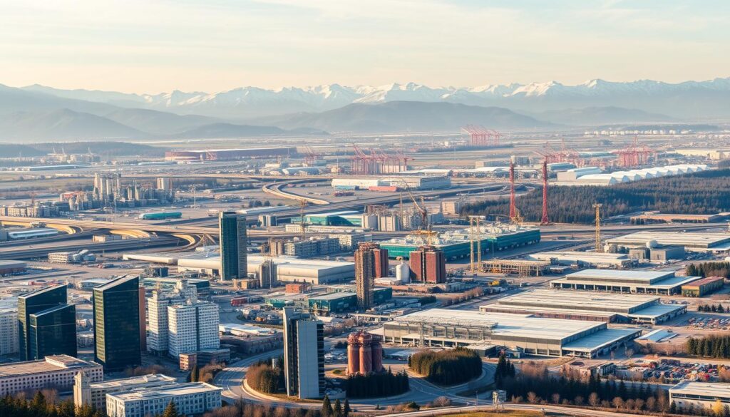 Balkan states economic integration: a panoramic view of bustling city skylines, modern industrial complexes, and interconnected transportation networks. Sleek high-rise buildings and state-of-the-art factories in the foreground, surrounded by highways, railways, and shipping ports that weave across the landscape. In the background, snow-capped mountains and lush forests provide a scenic backdrop, hinting at the natural resources fueling the region's economic growth. Warm lighting illuminates the scene, conveying a sense of progress and prosperity. Captured through a wide-angle lens, the image conveys the scale and dynamism of Balkan economic integration, a testament to the region's resilience and ambition.