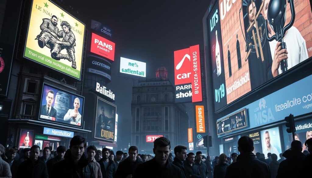 A bustling digital cityscape, neon-lit billboards and screens clash with traditional Balkan architecture. In the foreground, a group of people stands, expressions tense, caught between the allure of modern consumerism and the pull of ancestral roots. Shadows cast by the towering structures create a sense of unease, while muted colors evoke a somber mood. The scene suggests a juxtaposition of past and present, global influences, and local identity, capturing the cultural tensions that simmer beneath the surface of progress.