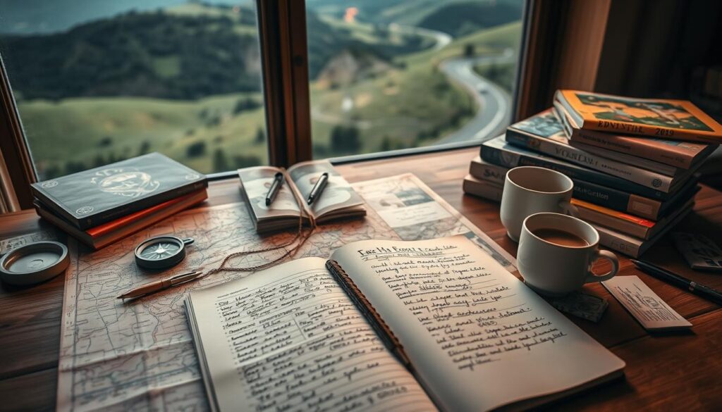 A cozy workspace with a vintage map, a compass, and a stack of travel guides sprawled across a wooden table. Soft, warm lighting illuminates the scene, creating a contemplative atmosphere. In the foreground, a traveler's journal lies open, its pages filled with handwritten notes and sketches. A cup of steaming coffee sits nearby, suggesting the planning process is well underway. In the background, a panoramic window offers a glimpse of rolling hills and winding roads, hinting at the adventure to come. The overall composition conveys the excitement and anticipation of planning an epic Balkan road trip.