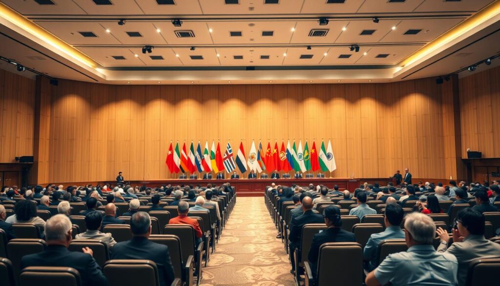 A large conference hall with rows of seats facing a central stage. On the stage, national flags from various countries are displayed, symbolizing a regional cooperation summit. Delegates are seated, engaged in discussions and negotiations. The lighting is warm and professional, with a sense of international diplomacy and collaboration. The camera angle is slightly elevated, capturing the grandeur of the event and the diverse attendees. An atmosphere of productive dialogue and diplomatic progress pervades the scene.