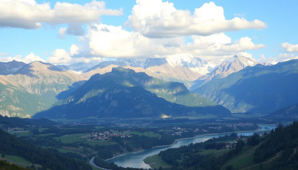 A majestic landscape of the Balkan region unfolds before the viewer. In the foreground, a winding river meanders through lush, verdant valleys, its banks dotted with quaint villages. Towering mountain peaks, their snow-capped summits glimmering in the soft, warm light, rise majestically in the background, creating a breathtaking panorama. Fluffy clouds drift lazily across the azure sky, casting gentle shadows on the rugged, yet stunningly beautiful terrain. The scene exudes a sense of serene tranquility, inviting the viewer to immerse themselves in the natural splendor of this captivating corner of the world.